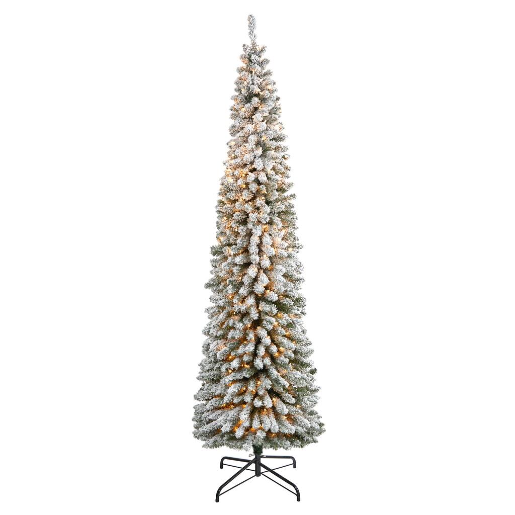 8ft Pre Lit Flocked Pencil Artificial Christmas Tree with Clear LED 
